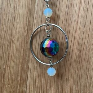 Iridescent black glass stone with frosted opalite round gemstones necklace